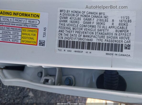 2HGFE1F73RH314449 2024 HONDA CIVIC Белый Вид подкапотного пространства