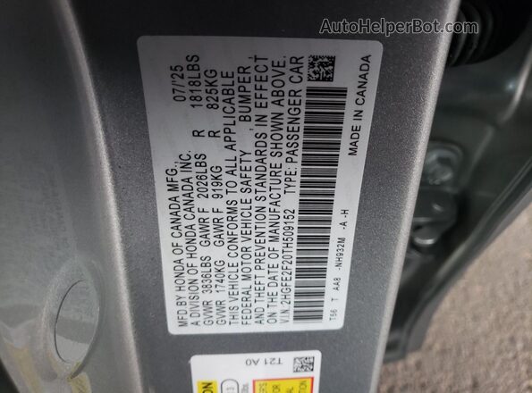 2HGFE2F20TH509152 2026 HONDA CIVIC Silver VIN sticker view
