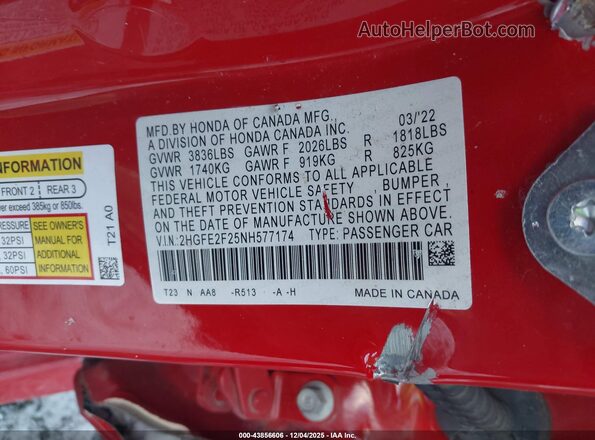 2HGFE2F25NH577174 2022 HONDA CIVIC Red Вид підкапотного простору
