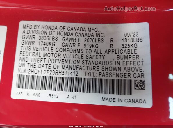 2HGFE2F29RH511412 2024 HONDA CIVIC Red Շարժիչի բաժամունքի տեսք
