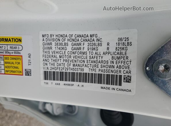 2HGFE2F29TH503799 2026 HONDA CIVIC White Вид підкапотного простору