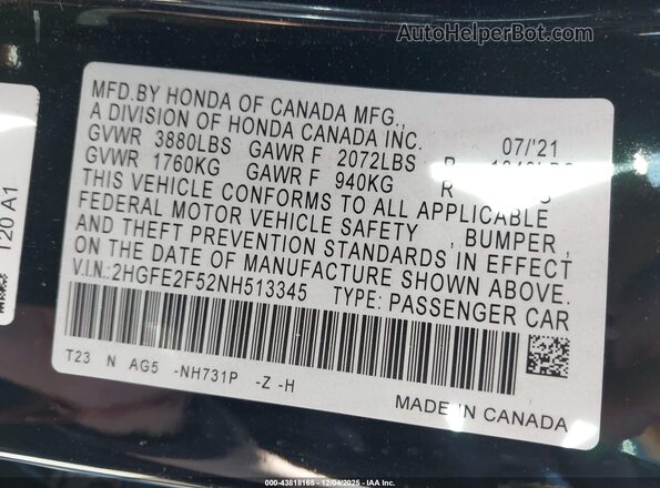 2HGFE2F52NH513345 2022 HONDA CIVIC Black Engine compartment view