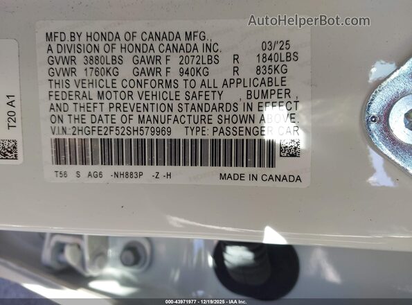 2HGFE2F52SH579969 2025 HONDA CIVIC White Engine compartment view