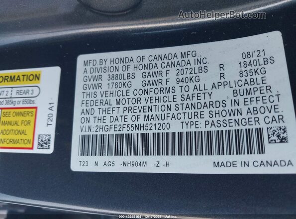 2HGFE2F55NH521200 2022 HONDA CIVIC Gray Вид підкапотного простору