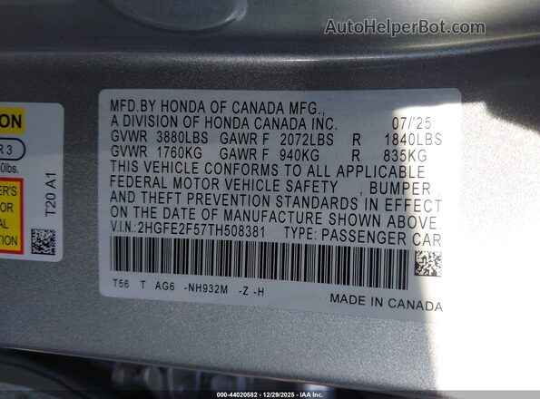 2HGFE2F57TH508381 2026 HONDA CIVIC Silver 