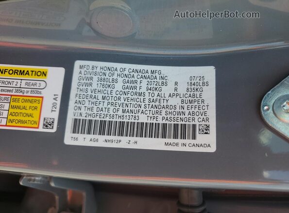2HGFE2F58TH513783 2026 HONDA CIVIC Серый Вид наклейки с VIN-кодом