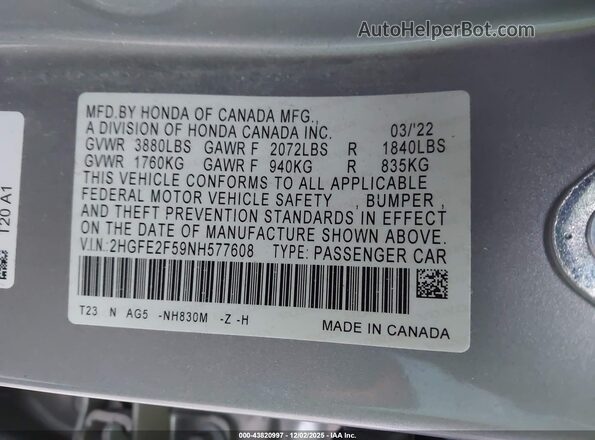 2HGFE2F59NH577608 2022 HONDA CIVIC Silver Widok komory silnika