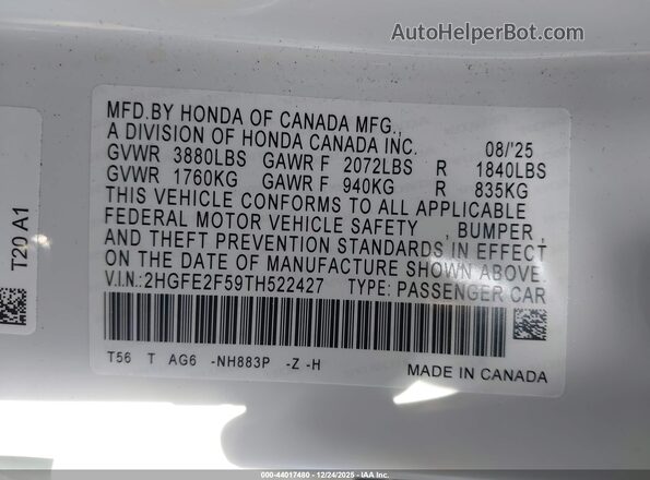 2HGFE2F59TH522427 2026 HONDA CIVIC White Вид підкапотного простору