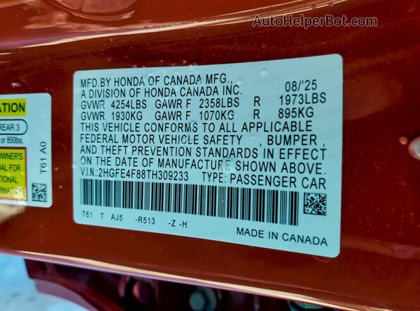 2HGFE4F88TH309233 2026 HONDA CIVIC Red VIN կոդի պիտակի տեսք