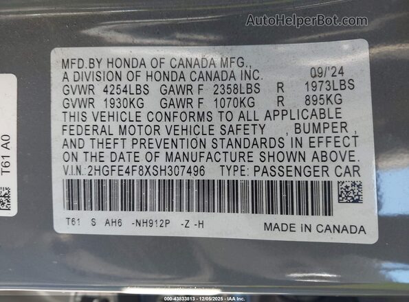 2HGFE4F8XSH307496 2025 HONDA CIVIC Серый Вид подкапотного пространства