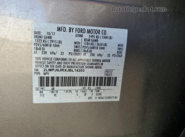 2LMPJ6JRXJBL14203 2018 LINCOLN MKX Бежевый Вид наклейки с VIN-кодом