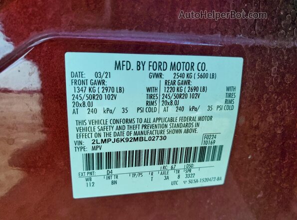2LMPJ6K92MBL02730 2021 LINCOLN NAUTILUS Red Vista de la etiqueta del VIN
