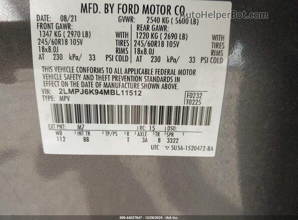 2LMPJ6K94MBL11512 2021 LINCOLN NAUTILUS Gray Вид підкапотного простору