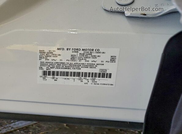 2LMPJ6K95MBL10708 2021 LINCOLN NAUTILUS White VIN კოდის სტიკერის ხედი