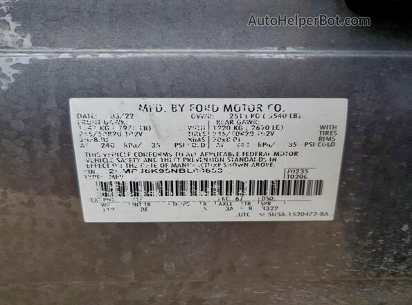 2LMPJ6K95NBL08653 2022 LINCOLN NAUTILUS Gray VIN sticker view