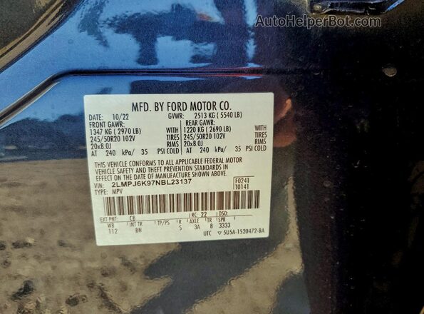 2LMPJ6K97NBL23137 2022 LINCOLN NAUTILUS Blue VIN կոդի պիտակի տեսք