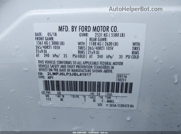 2LMPJ6LP3JBL41917 2018 LINCOLN MKX White 