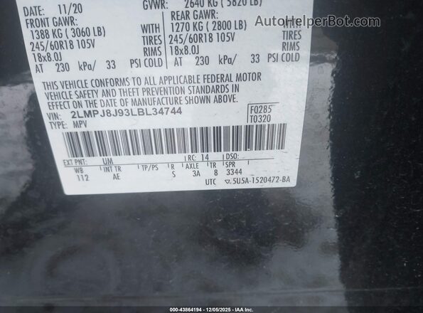 2LMPJ8J93LBL34744 2020 LINCOLN NAUTILUS Black Вид підкапотного простору