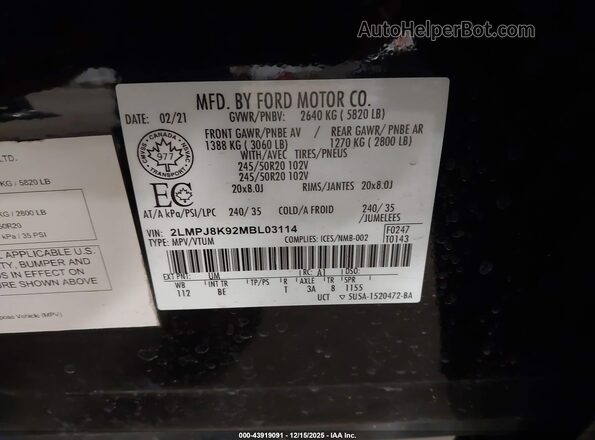 2LMPJ8K92MBL03114 2021 LINCOLN NAUTILUS Black ძრავის განყოფილების ხედი
