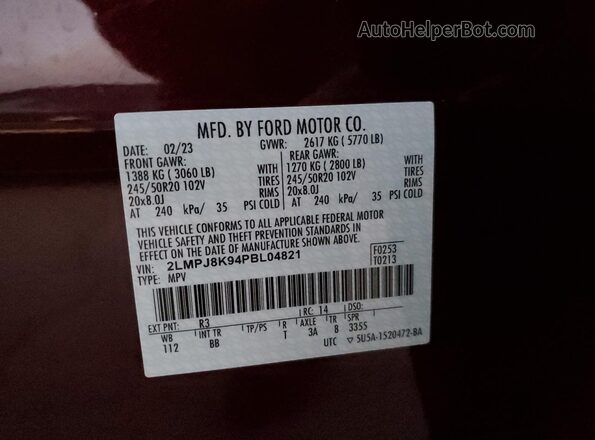 2LMPJ8K94PBL04821 2023 LINCOLN NAUTILUS Burgundy Widok naklejki z numerem VIN