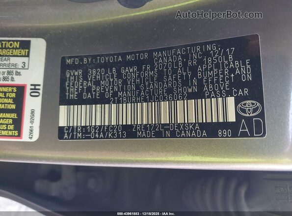 2T1BURHE1JC036062 2018 TOYOTA LL Gray Engine compartment view