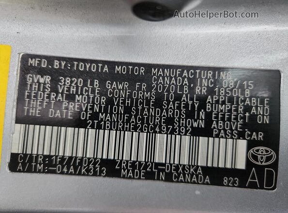2T1BURHE2GC497392 2016 TOYOTA LL Silver Widok naklejki z numerem VIN