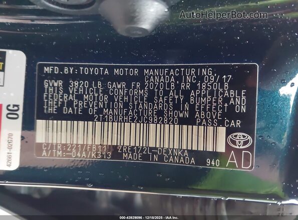 2T1BURHE2JC982820 2018 TOYOTA LL Green 