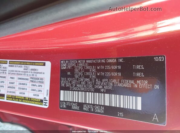 2T2ADCAZ8RC012192 2024 LEXUS NX 250 Red Vista del compartimento del motor