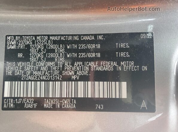 2T2AGCEZ4NC013142 2022 LEXUS NX Silver VIN sticker view