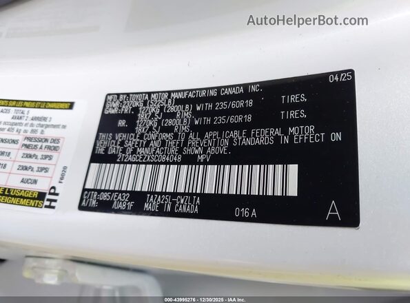 2T2AGCEZXSC084048 2025 LEXUS NX 350 White Widok naklejki z numerem VIN