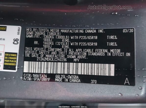 2T2AZMDA3LC240296 2020 LEXUS RX 350 Gray Вид підкапотного простору
