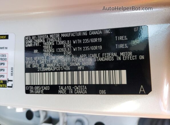 2T2BAMBA3PC017406 2023 LEXUS RX White Widok naklejki z numerem VIN