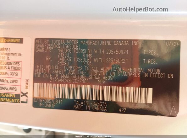 2T2BAMCA3RC077106 2024 LEXUS RX 350 White Widok komory silnika