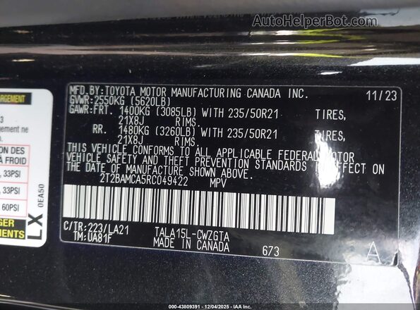 2T2BAMCA5RC049422 2024 LEXUS RX 350 Black Widok komory silnika