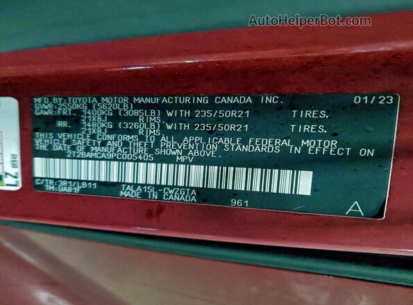 2T2BAMCA9PC005405 2023 LEXUS RX Красный Вид наклейки с VIN-кодом