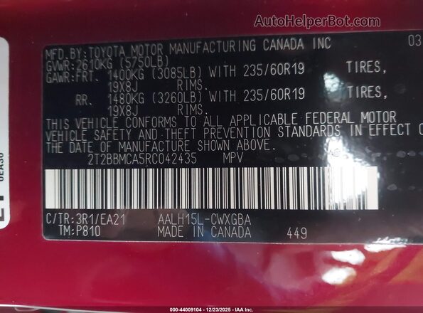 2T2BBMCA5RC042435 2024 LEXUS RX 350H Red Vista del compartimento del motor