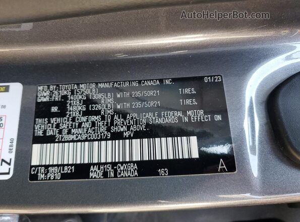 2T2BBMCA9PC003179 2023 LEXUS RX Gray VIN կոդի պիտակի տեսք