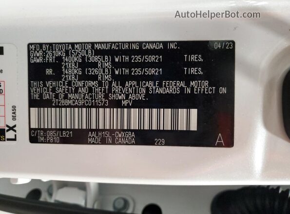 2T2BBMCA9PC011573 2023 LEXUS RX White VIN կոդի պիտակի տեսք