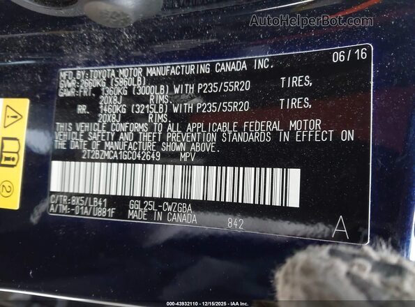 2T2BZMCA1GC042649 2016 LEXUS RX 350 Blue Շարժիչի բաժամունքի տեսք