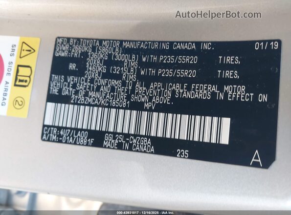 2T2BZMCA7KC185081 2019 LEXUS RX 350 Gold Շարժիչի բաժամունքի տեսք