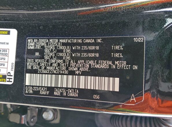 2T2GGCEZ7NC014490 2022 LEXUS NX Black VIN კოდის სტიკერის ხედი