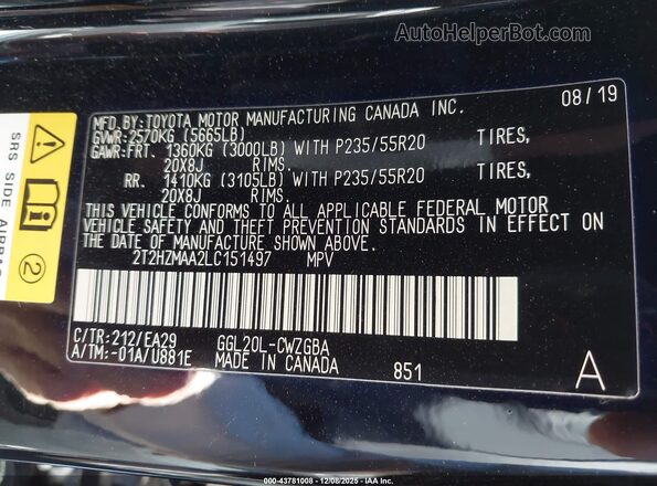 2T2HZMAA2LC151497 2020 LEXUS RX 350 Black Շարժիչի բաժամունքի տեսք