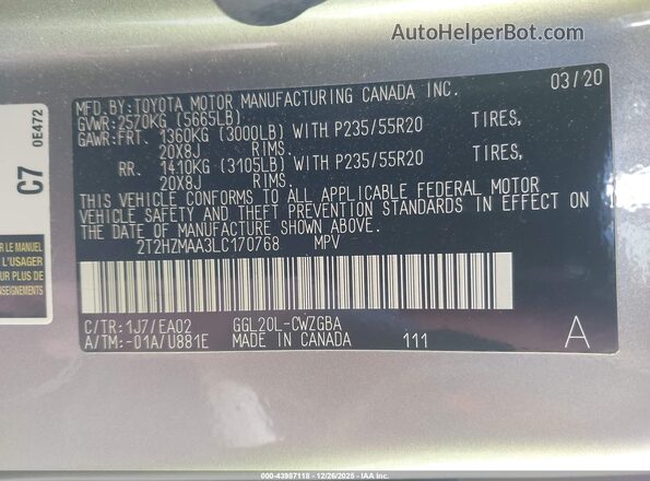 2T2HZMAA3LC170768 2020 LEXUS RX 350 Silver Widok komory silnika