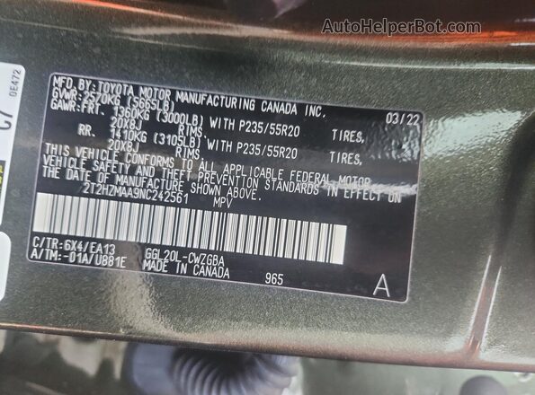2T2HZMAA9NC242561 2022 LEXUS RX Green VIN կոդի պիտակի տեսք