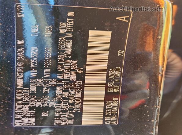2T2HZMDA1NC357733 2022 LEXUS RX Black Widok naklejki z numerem VIN