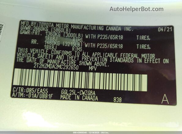 2T2HZMDA2MC292650 2021 LEXUS RX 350 Белый Вид подкапотного пространства