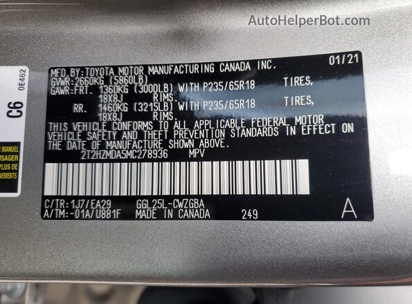 2T2HZMDA5MC278936 2021 LEXUS RX Gray VIN կոդի պիտակի տեսք