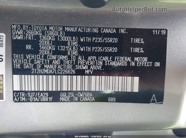 2T2HZMDA7LC226626 2020 LEXUS RX 350 Silver Vista del compartimento del motor