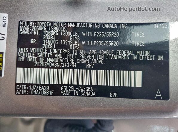 2T2HZMDA8NC343294 2022 LEXUS RX Серебряный Панорамный вид салона 360°