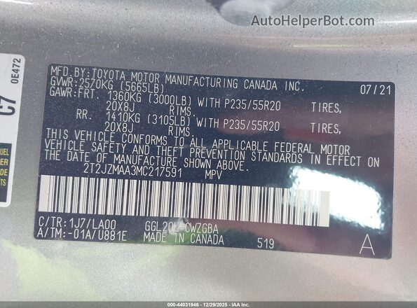 2T2JZMAA3MC217591 2021 LEXUS RX 350 Серебряный Вид подкапотного пространства